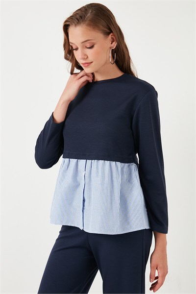Bisiklet Yaka Gömlekli  Oversize Fit OYSHO Kumaş Kadın Sweat 5865880 LACİVERT