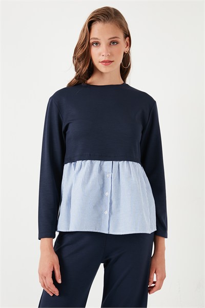 Bisiklet Yaka Gömlekli  Oversize Fit OYSHO Kumaş Kadın Sweat 5865880 LACİVERT