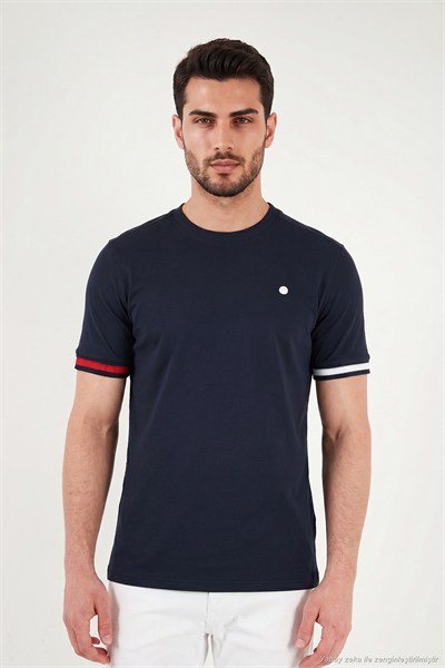 Bisiklet Yaka Kolları Renkli Şerit Detaylı Erkek T Shirt 5904060 LACİVERT