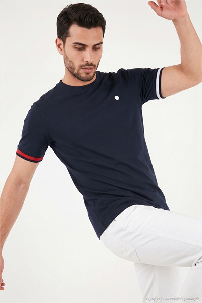 Bisiklet Yaka Kolları Renkli Şerit Detaylı Erkek T Shirt 5904060 LACİVERT