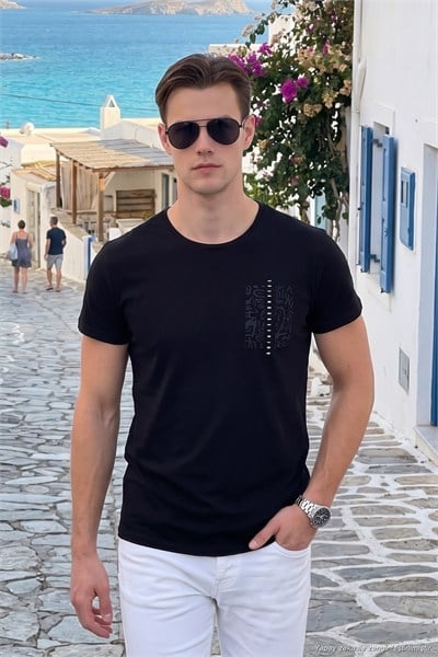 Bisiklet Yaka Pamuklu Slim Fit Erkek T Shirt 541QUINT SİYAH
