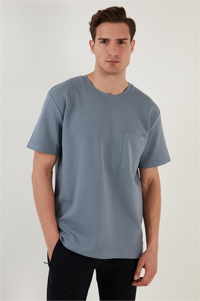 Bisiklet Yaka Tek Cepli Pamuklu Oversize Erkek T Shirt 5902305 MAVİ