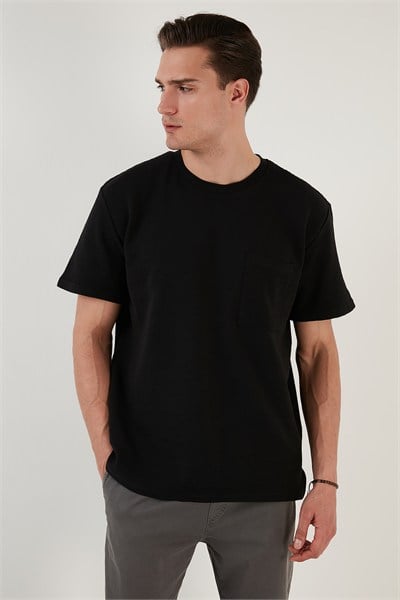 Bisiklet Yaka Tek Cepli Pamuklu Oversize Erkek T Shirt 5902305 SİYAH