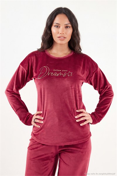 Bisiklet Yaka Ultra Soft Parlak Kadife Kadın Pijama Takımı 6094209 BORDO