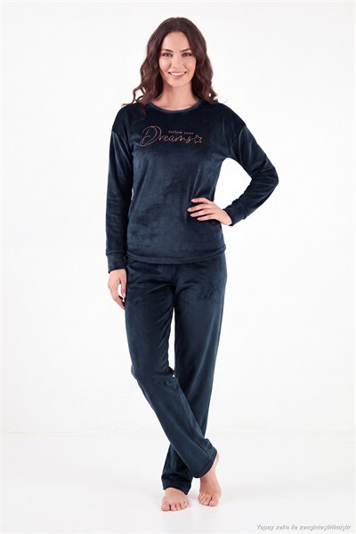 Bisiklet Yaka Ultra Soft Parlak Kadife Kadın Pijama Takımı 6094209 LACİVERT