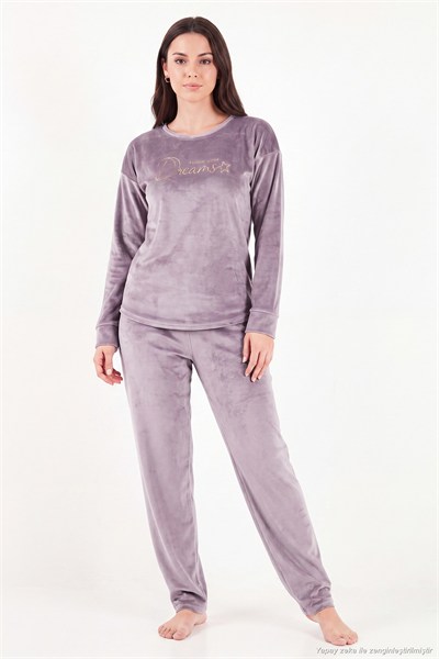 Bisiklet Yaka Ultra Soft Parlak Kadife Kadın Pijama Takımı 6094209 LİLA