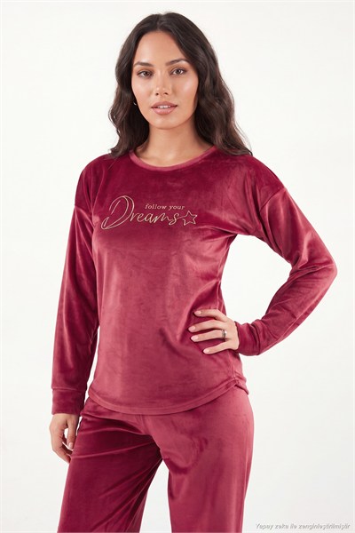 Bisiklet Yaka Ultra Soft Parlak Kadife Kadın Pijama Takımı 6094209 BORDO