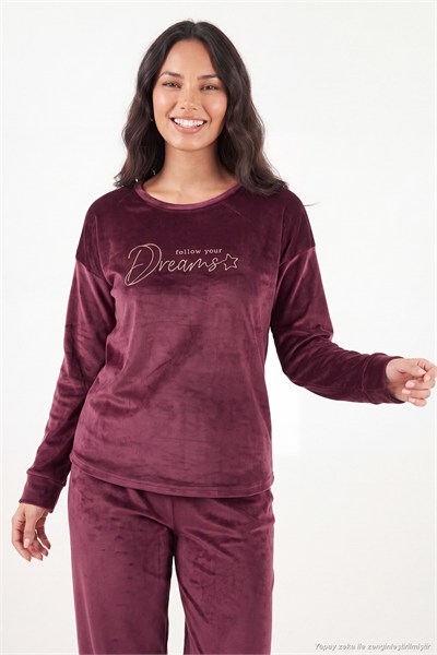 Bisiklet Yaka Ultra Soft Parlak Kadife Kadın Pijama Takımı 6094209 MÜRDÜM