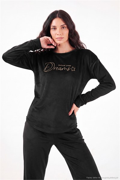 Bisiklet Yaka Ultra Soft Parlak Kadife Kadın Pijama Takımı 6094209 SİYAH