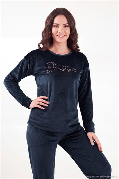 Bisiklet Yaka Ultra Soft Parlak Kadife Kadın Pijama Takımı 6094209 LACİVERT