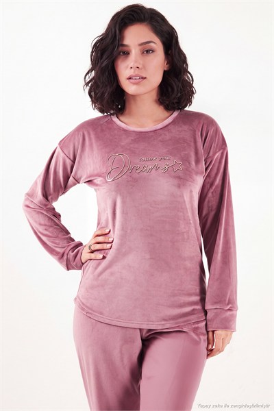 Bisiklet Yaka Ultra Soft Parlak Kadife Kadın Pijama Takımı 6094209 PUDRA