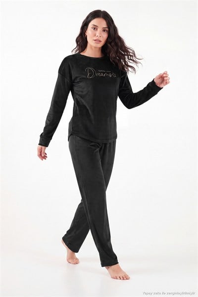 Bisiklet Yaka Ultra Soft Parlak Kadife Kadın Pijama Takımı 6094209 SİYAH