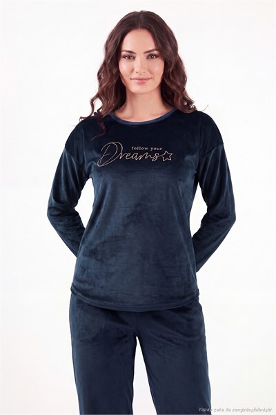 Bisiklet Yaka Ultra Soft Parlak Kadife Kadın Pijama Takımı 6094209 LACİVERT