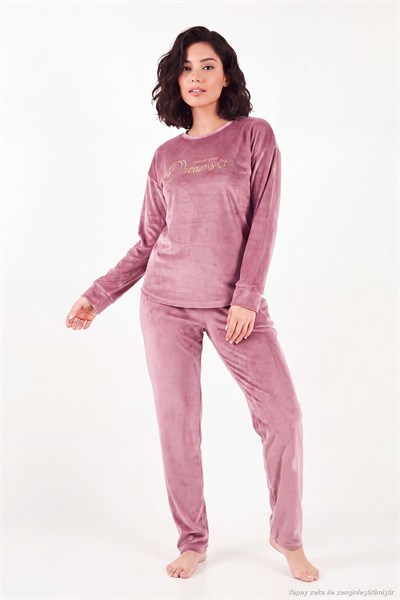 Bisiklet Yaka Ultra Soft Parlak Kadife Kadın Pijama Takımı 6094209 PUDRA