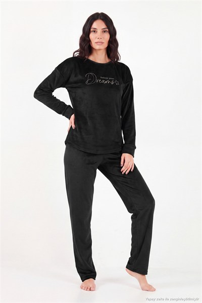 Bisiklet Yaka Ultra Soft Parlak Kadife Kadın Pijama Takımı 6094209 SİYAH