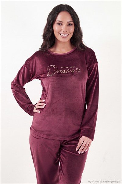 Bisiklet Yaka Ultra Soft Parlak Kadife Kadın Pijama Takımı 6094209 MÜRDÜM
