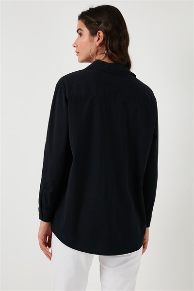 Cepleri Taş Detaylı % 100 Pamuk Oversize Kadın Gömlek 51444781 SİYAH