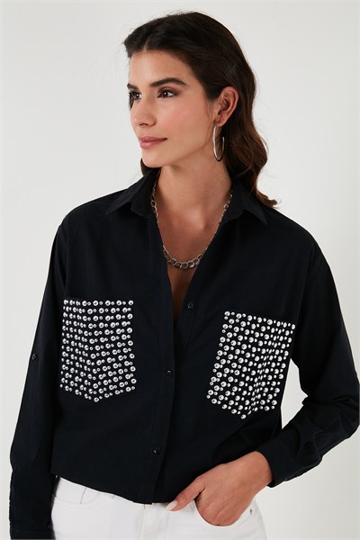 Cepleri Taş Detaylı % 100 Pamuk Oversize Kadın Gömlek 51444781 SİYAH