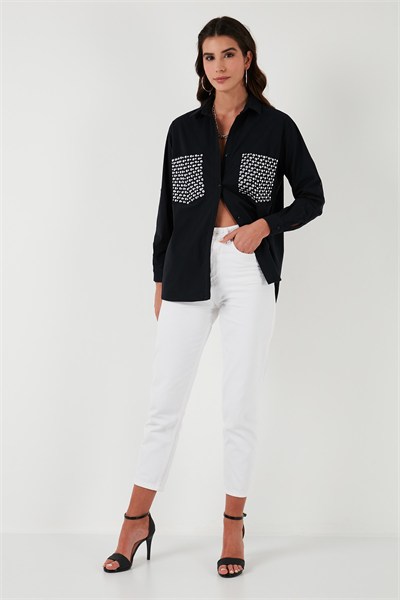 Cepleri Taş Detaylı % 100 Pamuk Oversize Kadın Gömlek 51444781 SİYAH