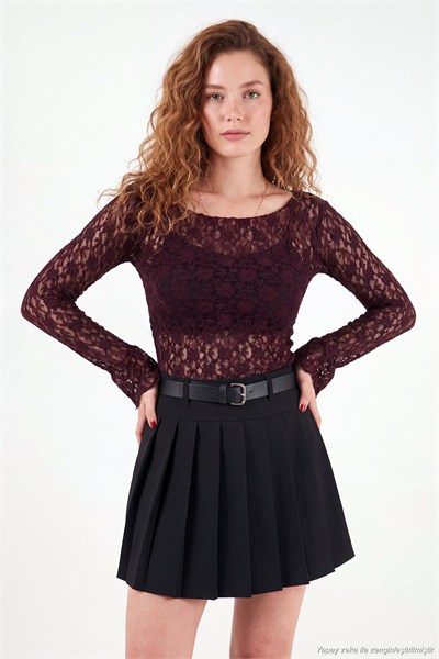 Çiçek Desen Dantelli Kayık Yaka Kadın Bluz 5867118 BORDO