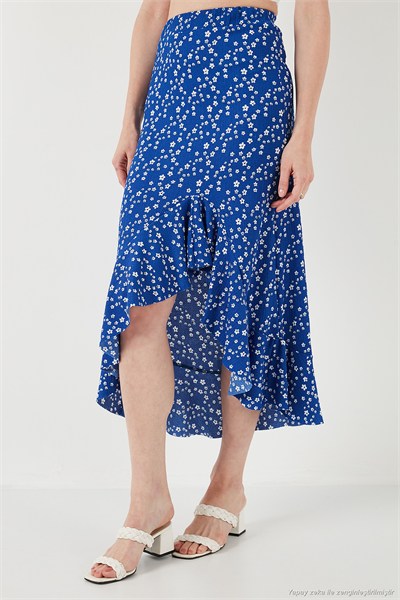 Çiçek Desenli Regular Fit Volanlı Yüksek Bel Midi Boy Yırtmaçlı Kadın Etek 5869012 SAKS
