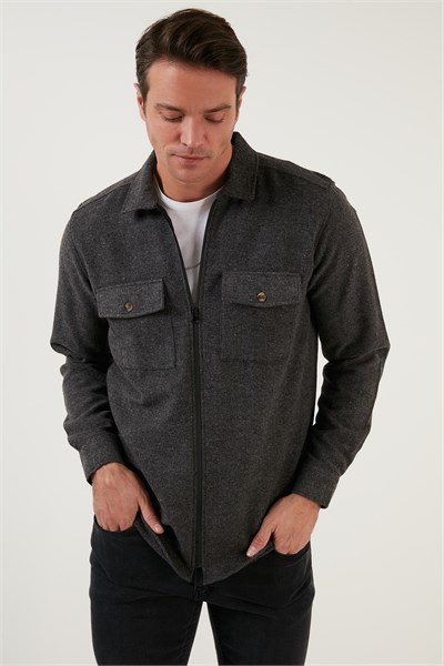 Çift Cepli Fermuarlı Slim Fit Kışlık Erkek Gömlek CF21W112925 KOYU GRİ