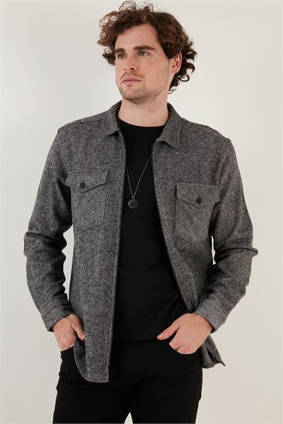 Çift Cepli Fermuarlı Slim Fit Kışlık Erkek Gömlek CF21W112925 GRİ