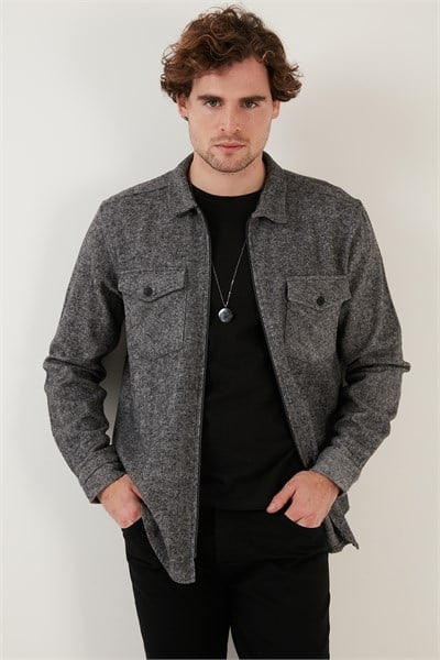Çift Cepli Fermuarlı Slim Fit Kışlık Erkek Gömlek CF21W112925 GRİ