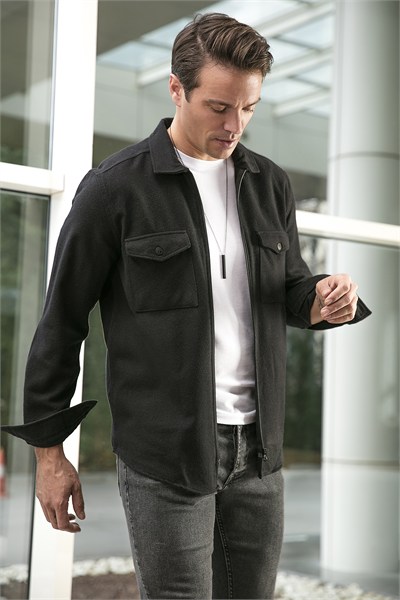 Çift Cepli Fermuarlı Slim Fit Kışlık Erkek Gömlek CF21W112925 SİYAH