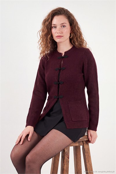 Çin Düğme Detaylı Bisiklet Yaka Triko Kadın Hırka 680HI006052 BORDO