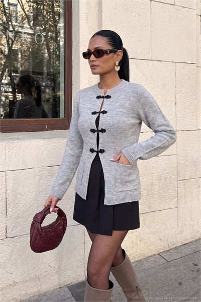 Çin Düğme Detaylı Bisiklet Yaka Triko Kadın Hırka 680HI006052 GRİ