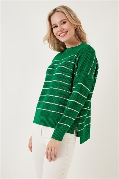 Çizgili Arkası Uzun Bisiklet Yaka Örme Kadın Kazak 4616133 Benetton-Krem