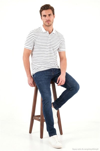 Çizgili Kısa Kollu Düğmeli Erkek Polo T Shirt 5904026 İNDİGO