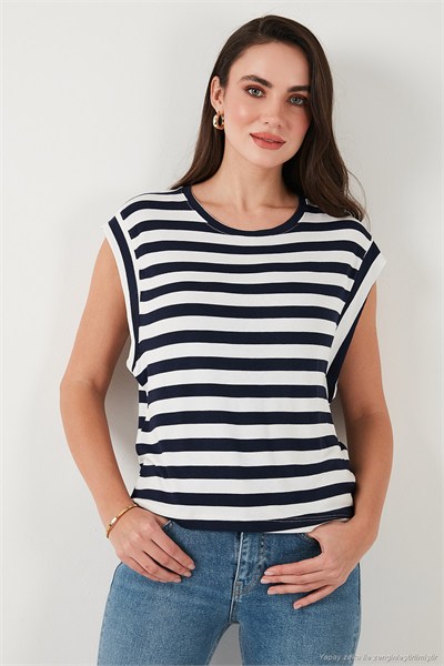 Çizgili Oversize Fit Bisiklet Yaka Kadın T Shirt 5866103 LACİVERT