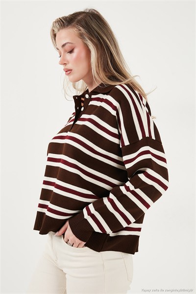 Çizgili Oversize Fit Düğmeli Kadın Polo Yaka Kazak 4615259 KAHVE