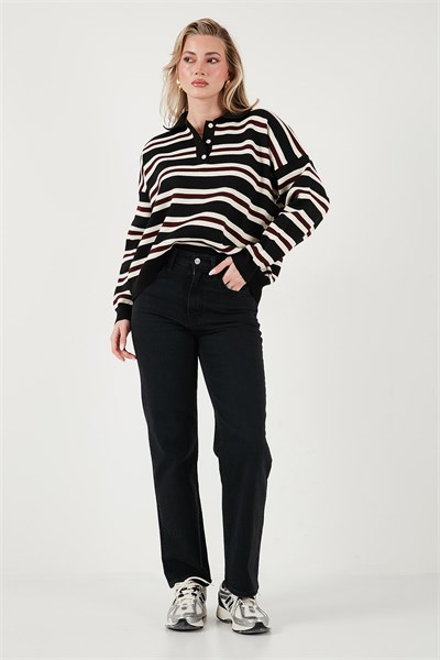 Çizgili Oversize Fit Düğmeli Kadın Polo Yaka Kazak 4615259 SİYAH