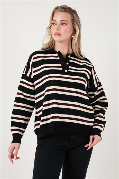 Çizgili Oversize Fit Düğmeli Kadın Polo Yaka Kazak 4615259 SİYAH