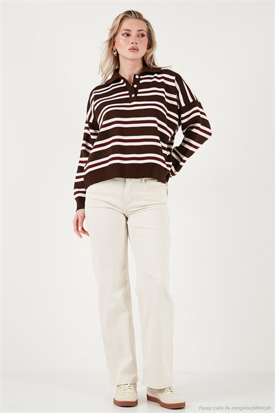 Çizgili Oversize Fit Düğmeli Kadın Polo Yaka Kazak 4615259 KAHVE