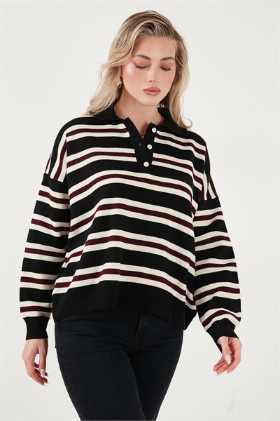 Çizgili Oversize Fit Düğmeli Kadın Polo Yaka Kazak 4615259 SİYAH