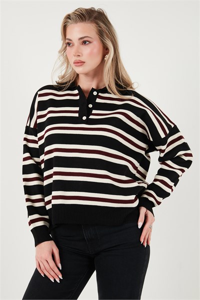 Çizgili Oversize Fit Düğmeli Kadın Polo Yaka Kazak 4615259 SİYAH