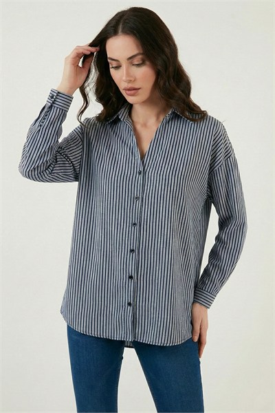 Çizgili Oversize Fit Klasik Yaka Uzun Kollu Kadın Gömlek 6925475 SİYAH