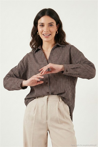 Çizgili Oversize Fit Klasik Yaka Uzun Kollu Kadın Gömlek 6925437 KAHVE