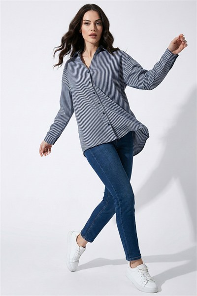 Çizgili Oversize Fit Klasik Yaka Uzun Kollu Kadın Gömlek 6925475 SİYAH