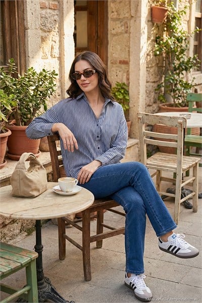 Çizgili Oversize Fit Klasik Yaka Uzun Kollu Kadın Gömlek 6925475 SİYAH