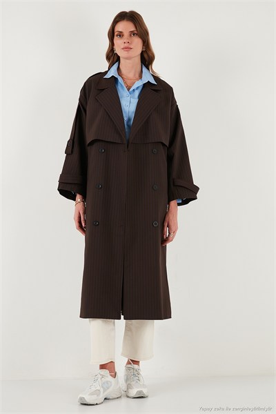 Çizgili Oversize Kruvaze Yaka Kuşaklı Uzun Kadın Trençkot 6839583 KAHVE