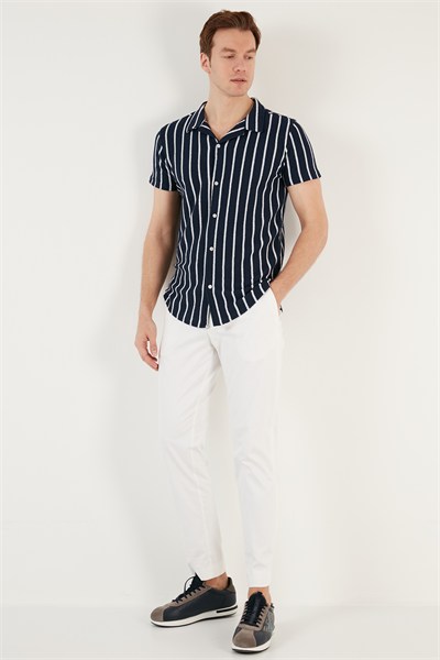 Çizgili Pamuk Karışımlı Kısa Kollu Apaş Yaka Regular Fit Erkek Gömlek CF24S117664 LACİVERT
