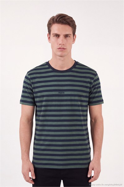 Çizgili Pamuklu Relaxed Fit Bisiklet Yaka Erkek T Shirt 5904078 NEFTİ-LACİVERT