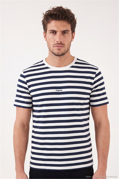 Çizgili Pamuklu Relaxed Fit Bisiklet Yaka Erkek T Shirt 5904078 İNDİGO