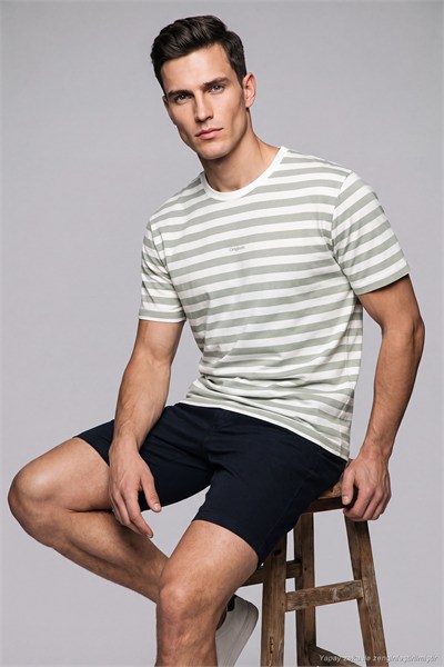 Çizgili Pamuklu Relaxed Fit Bisiklet Yaka Erkek T Shirt 5904078 ELMA YEŞİLİ