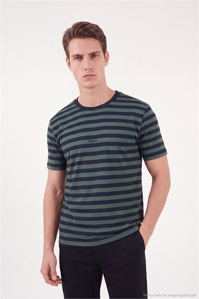 Çizgili Pamuklu Relaxed Fit Bisiklet Yaka Erkek T Shirt 5904078 NEFTİ-LACİVERT